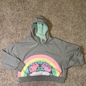 Pusheen Crop Hoodie - Gray with Rainbow